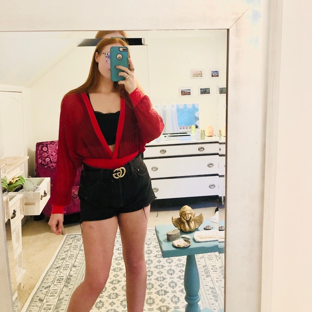 Red sheer plungeneck bodysuit